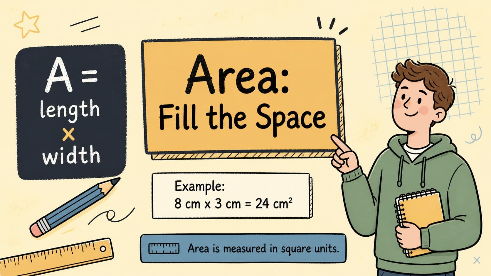 Area formula slide with a labeled rectangle and a clear visual explanation for students.