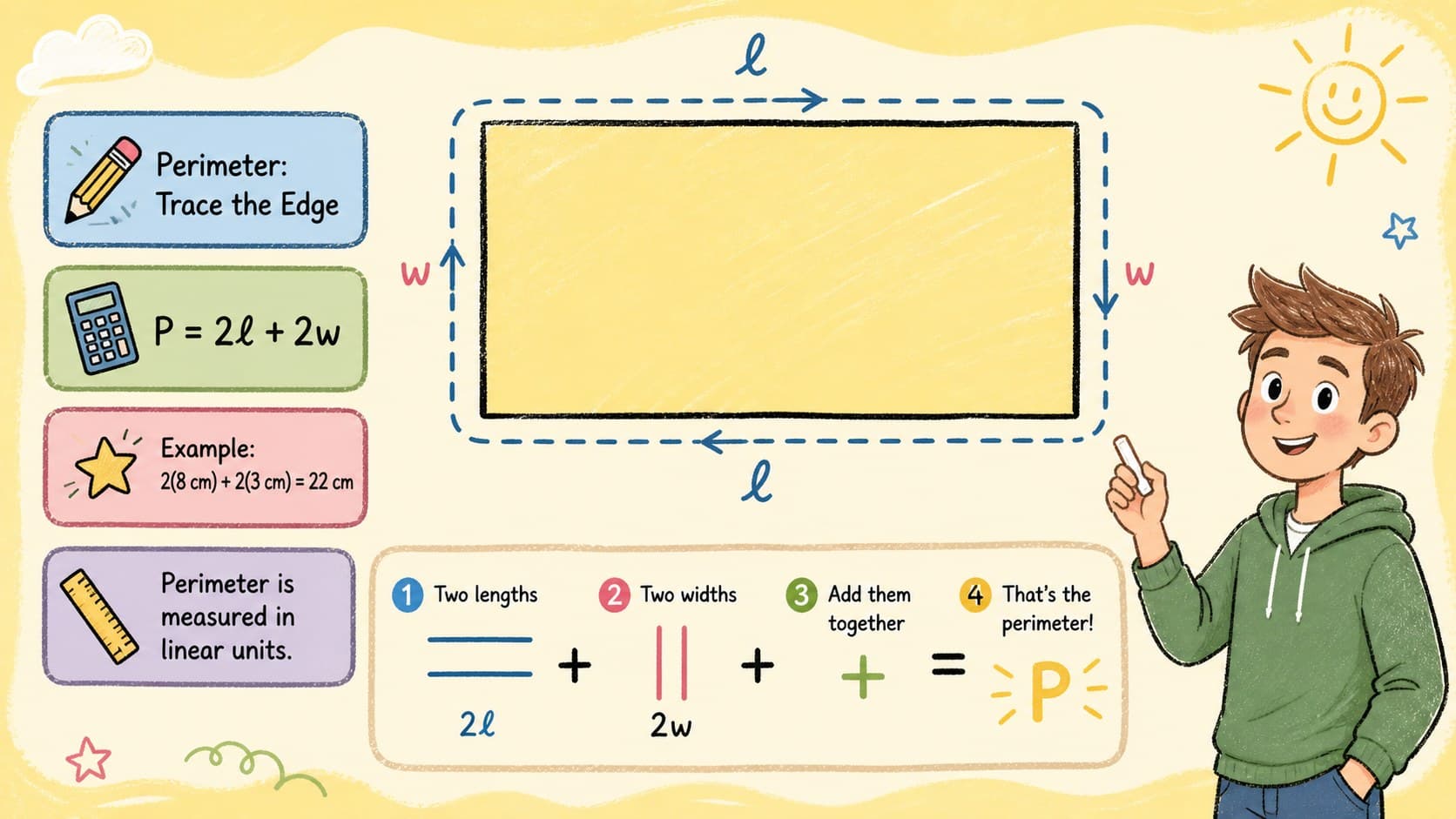 Perimeter formula slide showing a labeled rectangle and a step-by-step linear measurement example.