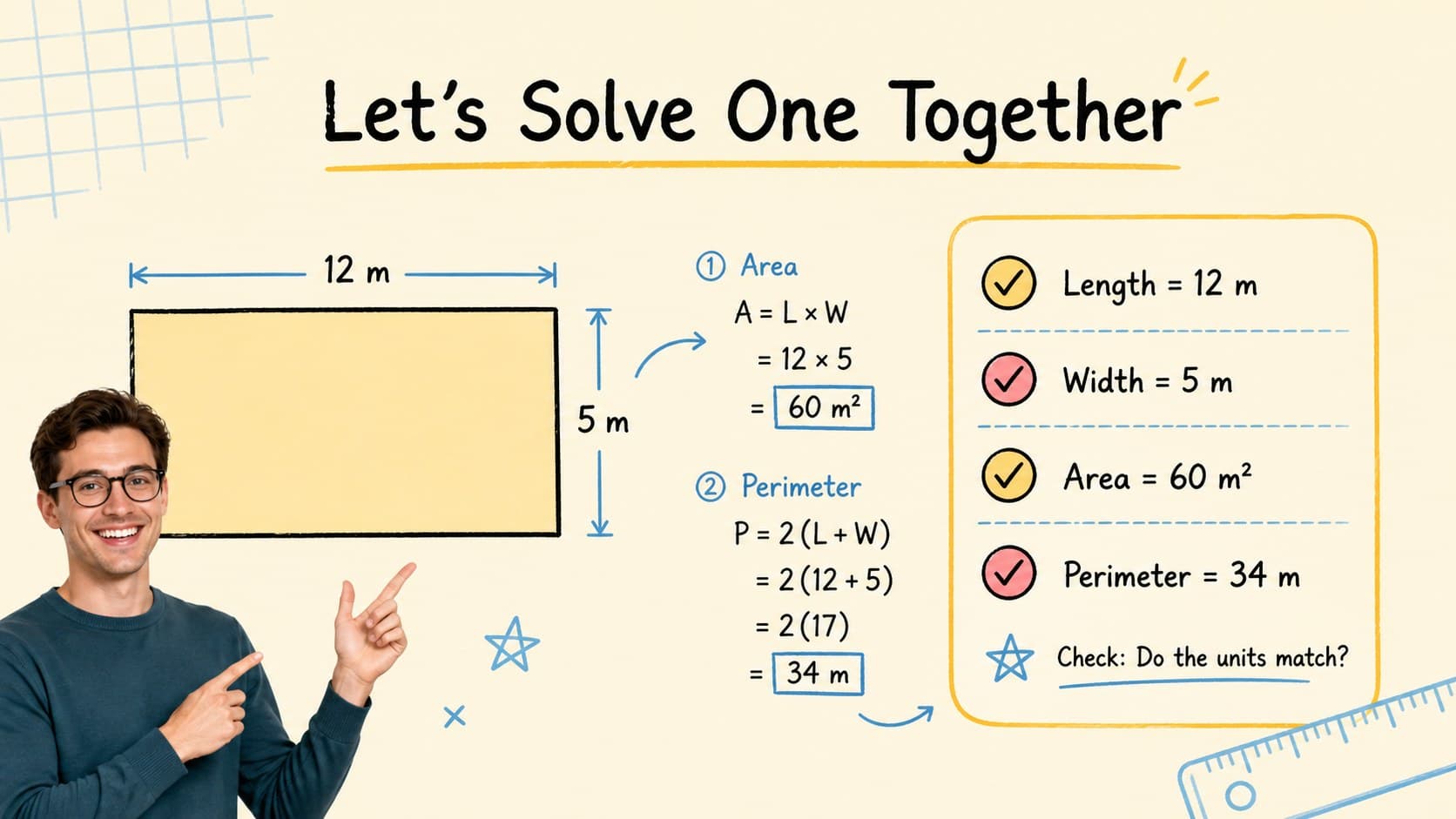 Worked example slide modeling how to find both area and perimeter from rectangle dimensions.