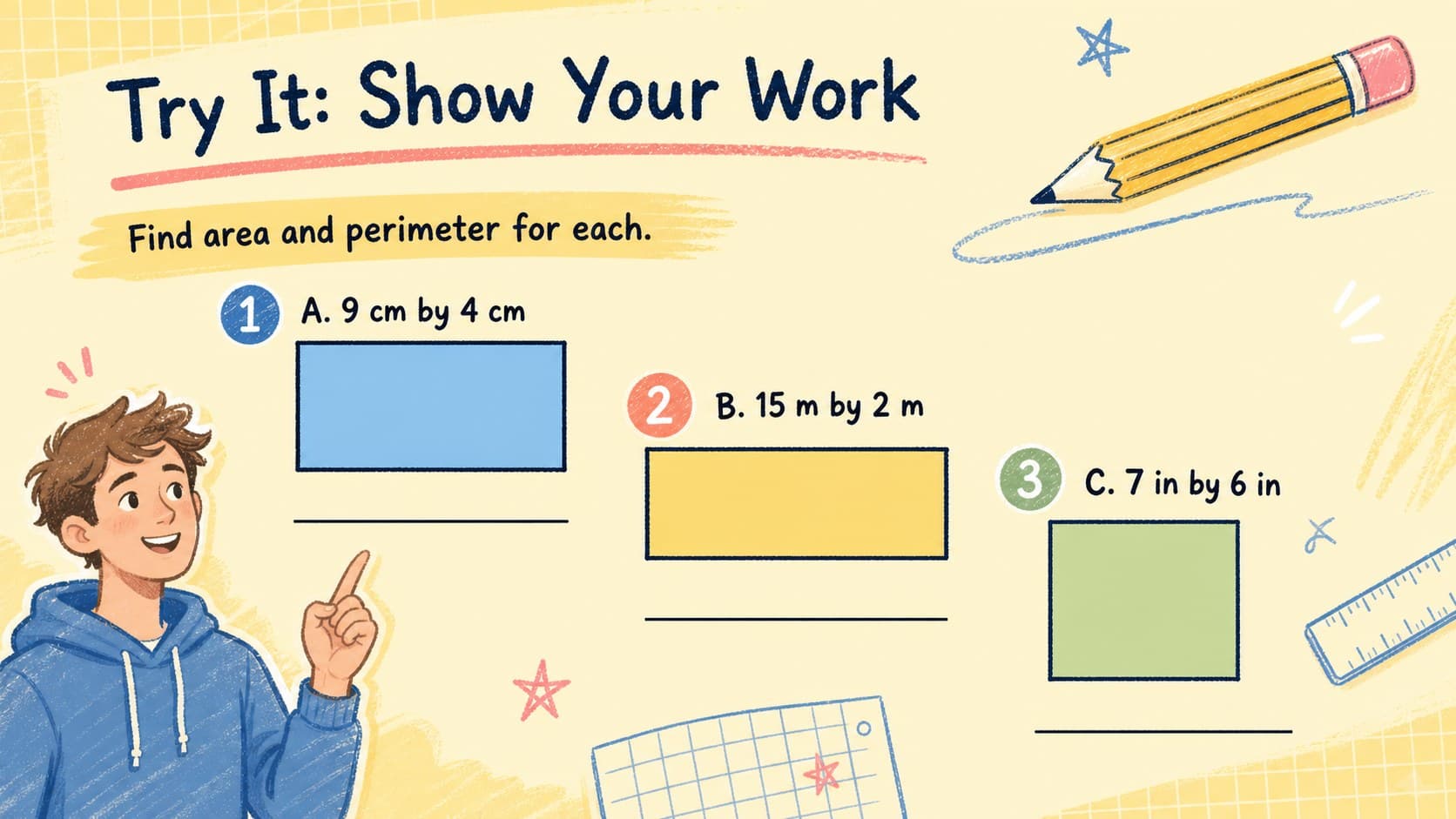 Guided practice slide with three rectangle problems for an interactive area and perimeter lesson.