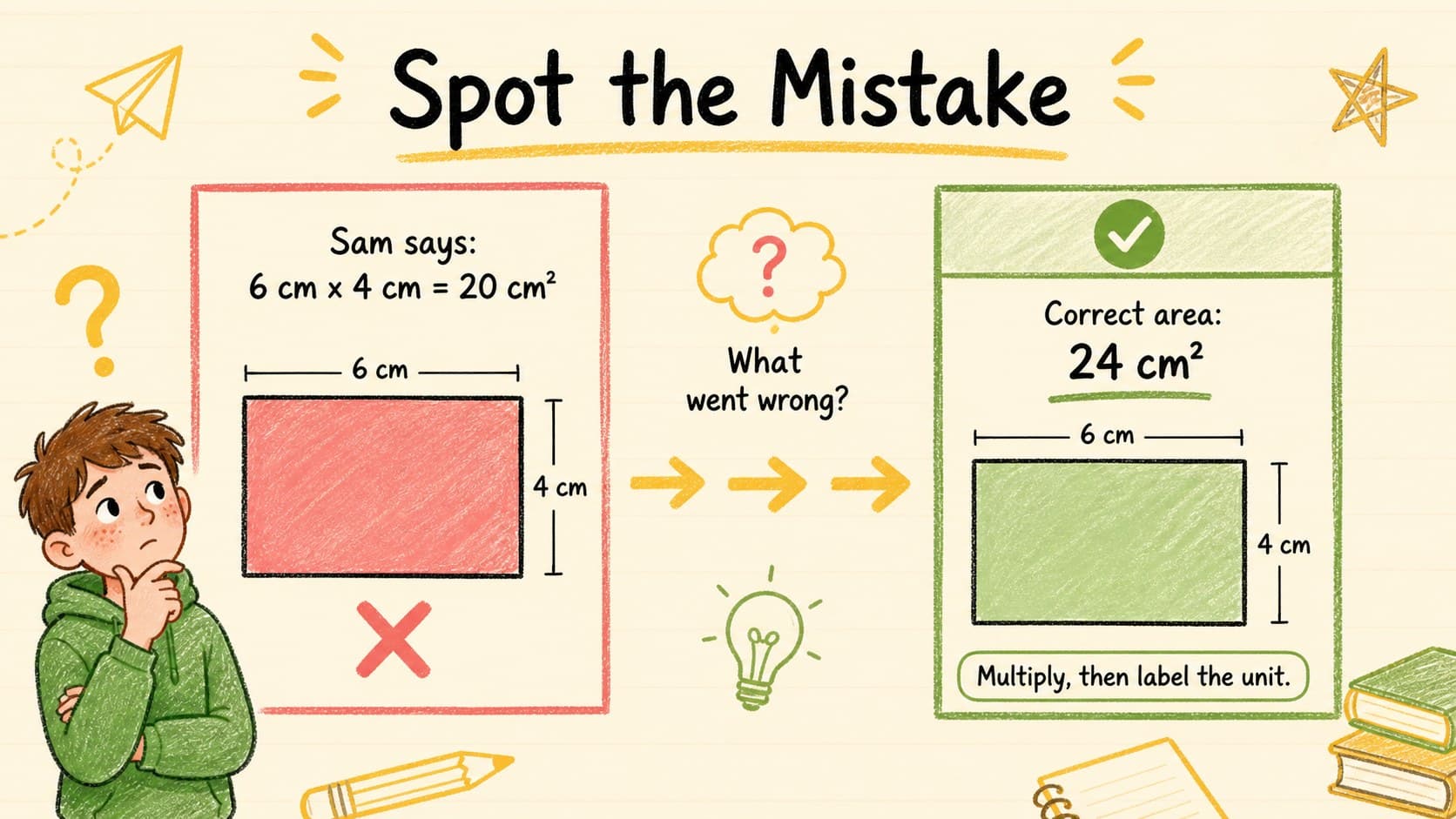 Error analysis slide helping students correct common area and perimeter calculation mistakes.
