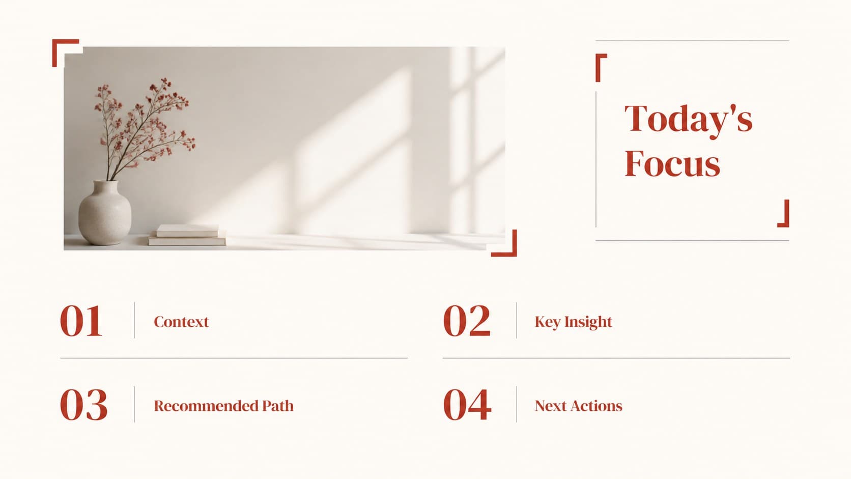 Minimalist agenda layout from a clean white and red slide theme with four clearly organized discussion sections.