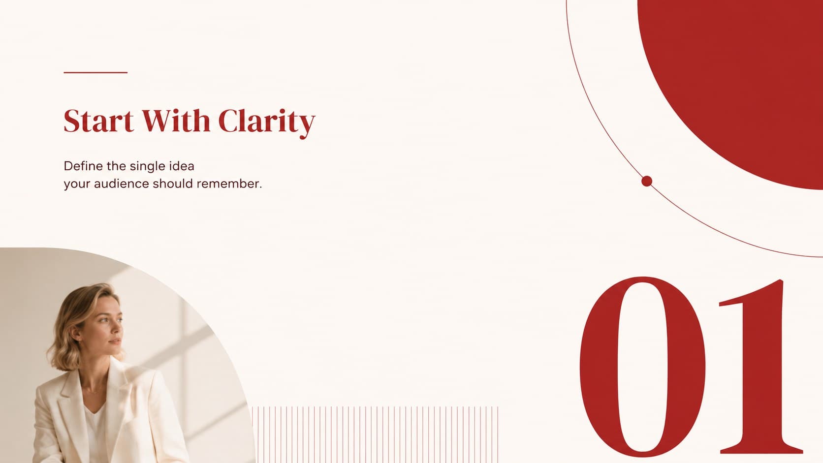 Red accent clean presentation deck slide introducing a concise communication strategy with editorial typography.