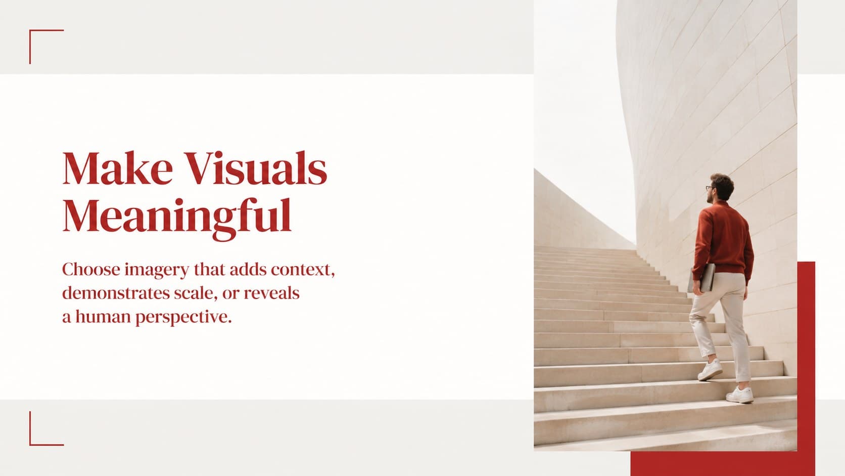 Clean white and red slide theme with an image-led layout explaining how visuals reinforce a presentation message.