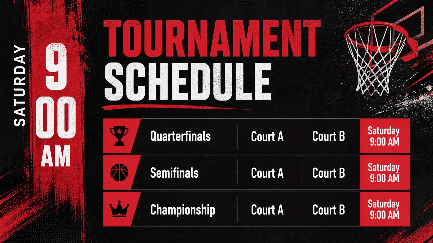 Basketball tournament schedule slide showing game times, matchups, and venue details in a red and black sports presentation layout.