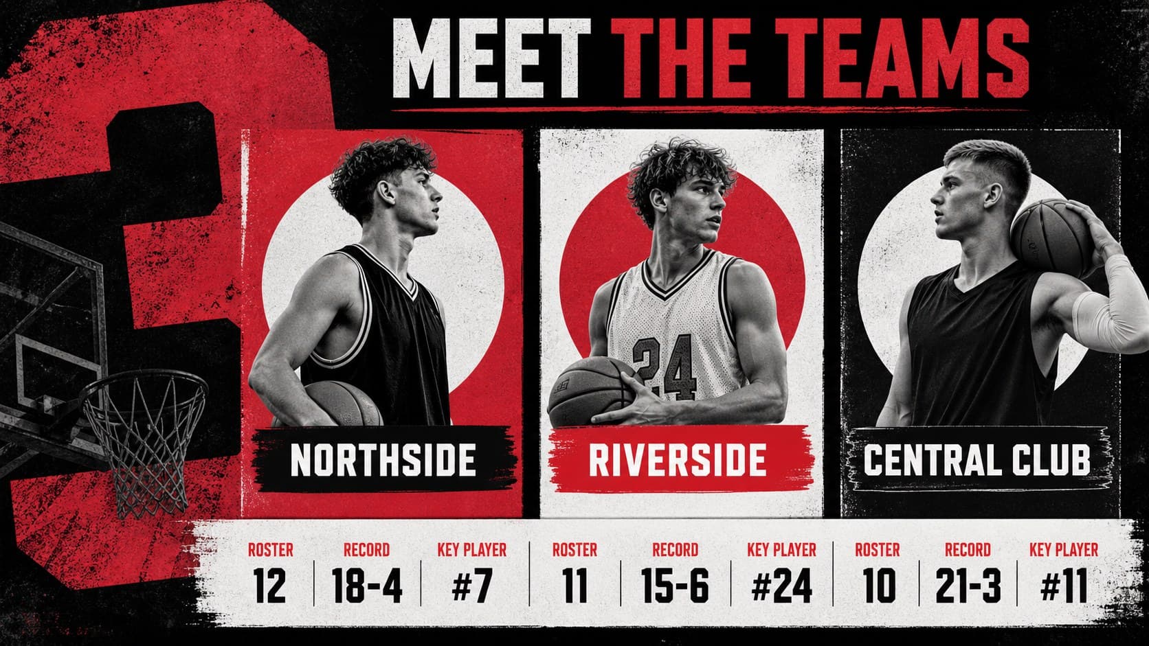Basketball team profile slide presenting roster highlights and player statistics for a tournament event deck.