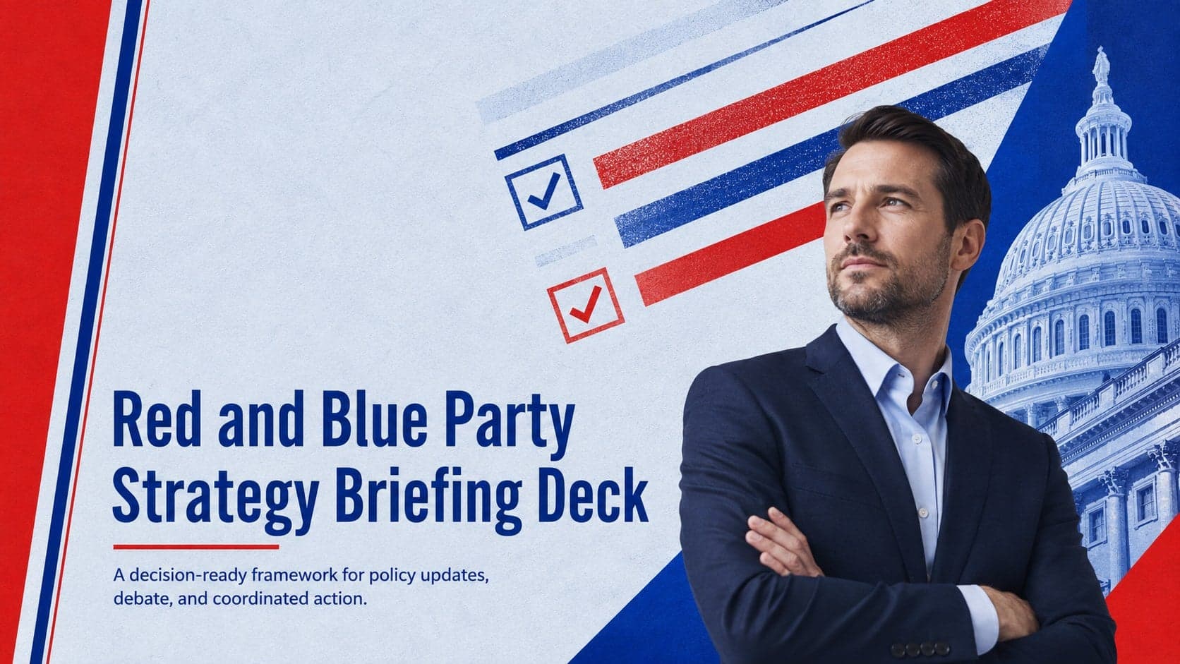 Cover of the Red and Blue Party Strategy Briefing Deck with bold editorial typography and geometric political graphics.