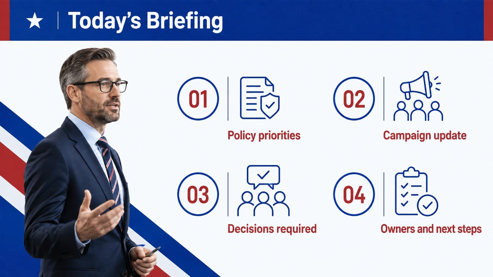 Political party meeting agenda template outlining priorities, updates, decisions, and assigned actions.
