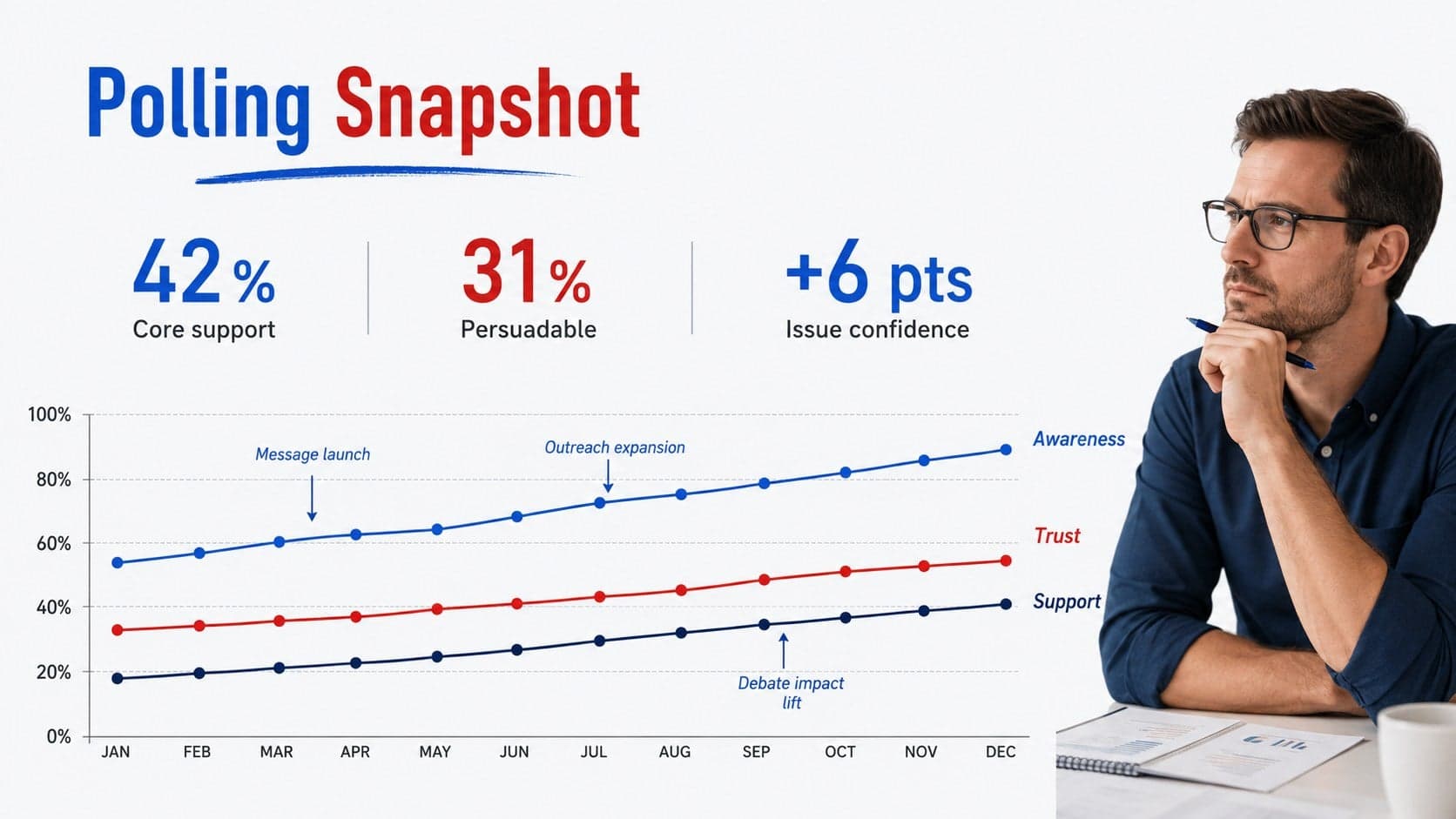 Campaign planning slide showing polling trends, issue support, and voter confidence metrics.