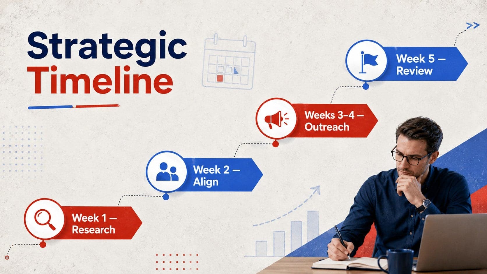 Political strategy timeline showing research, alignment, outreach, and review phases.