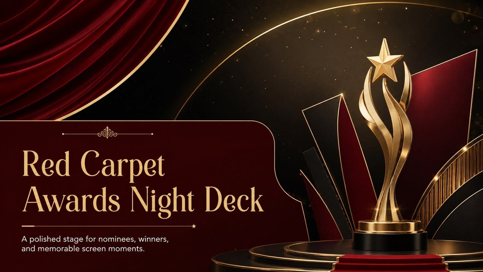Cover of a red carpet awards night deck with cinematic red curtains, gold accents, and an elegant black background.