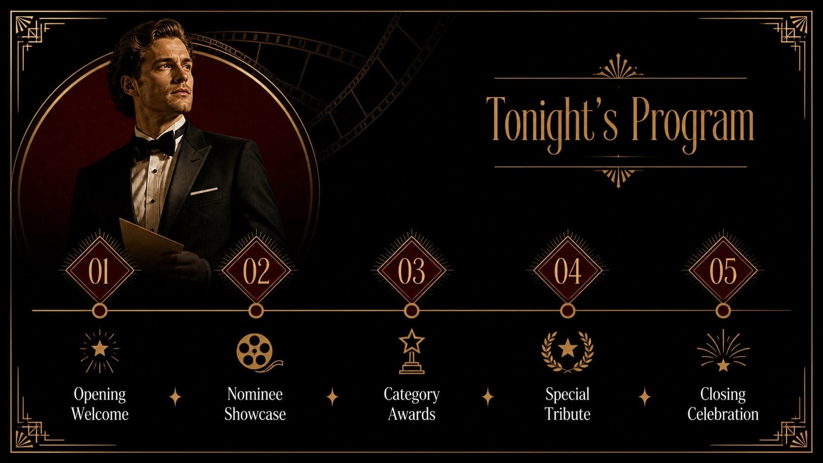 Elegant film awards ceremony presentation agenda listing the main stages of an evening ceremony.