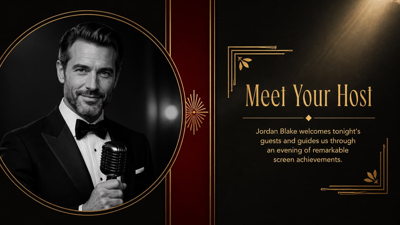 Cinematic host introduction layout for a television industry awards template with portrait and event details.