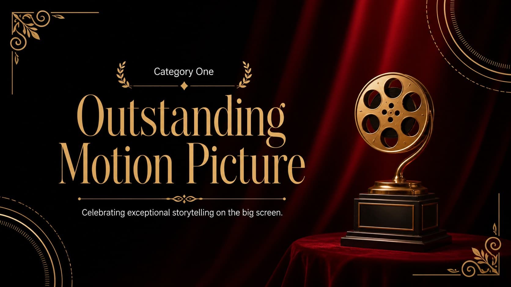 Award category reveal slide featuring a dramatic gold title and red cinematic details.