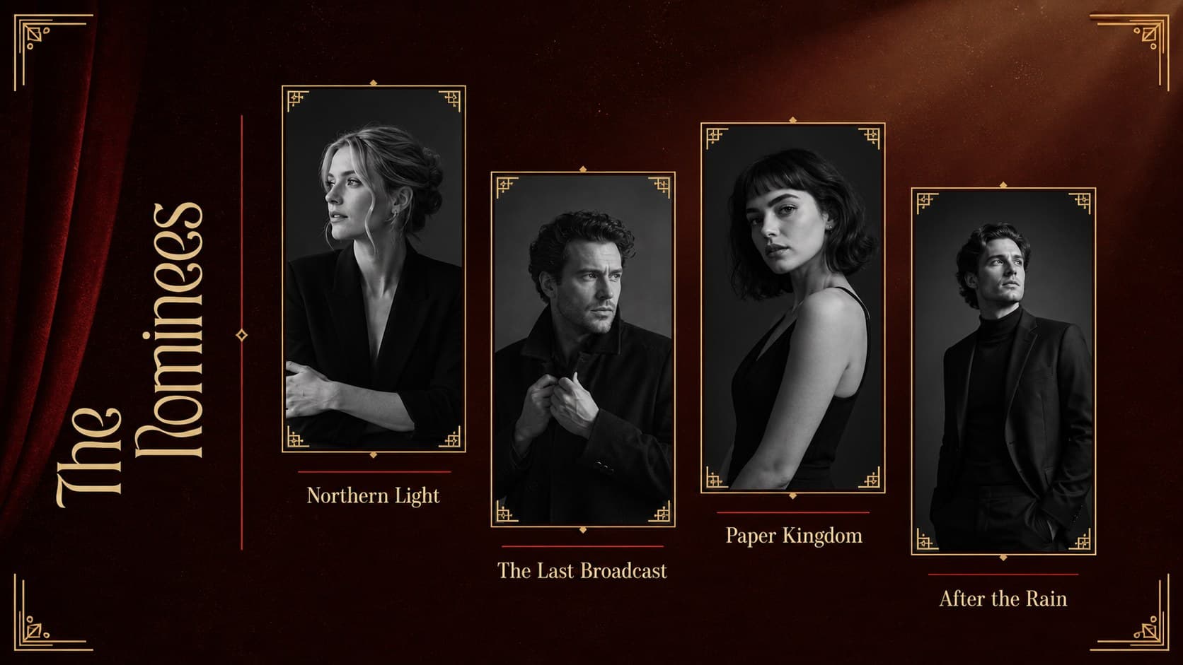 Movie nominee presentation template displaying four fictional nominated productions in a balanced grid.