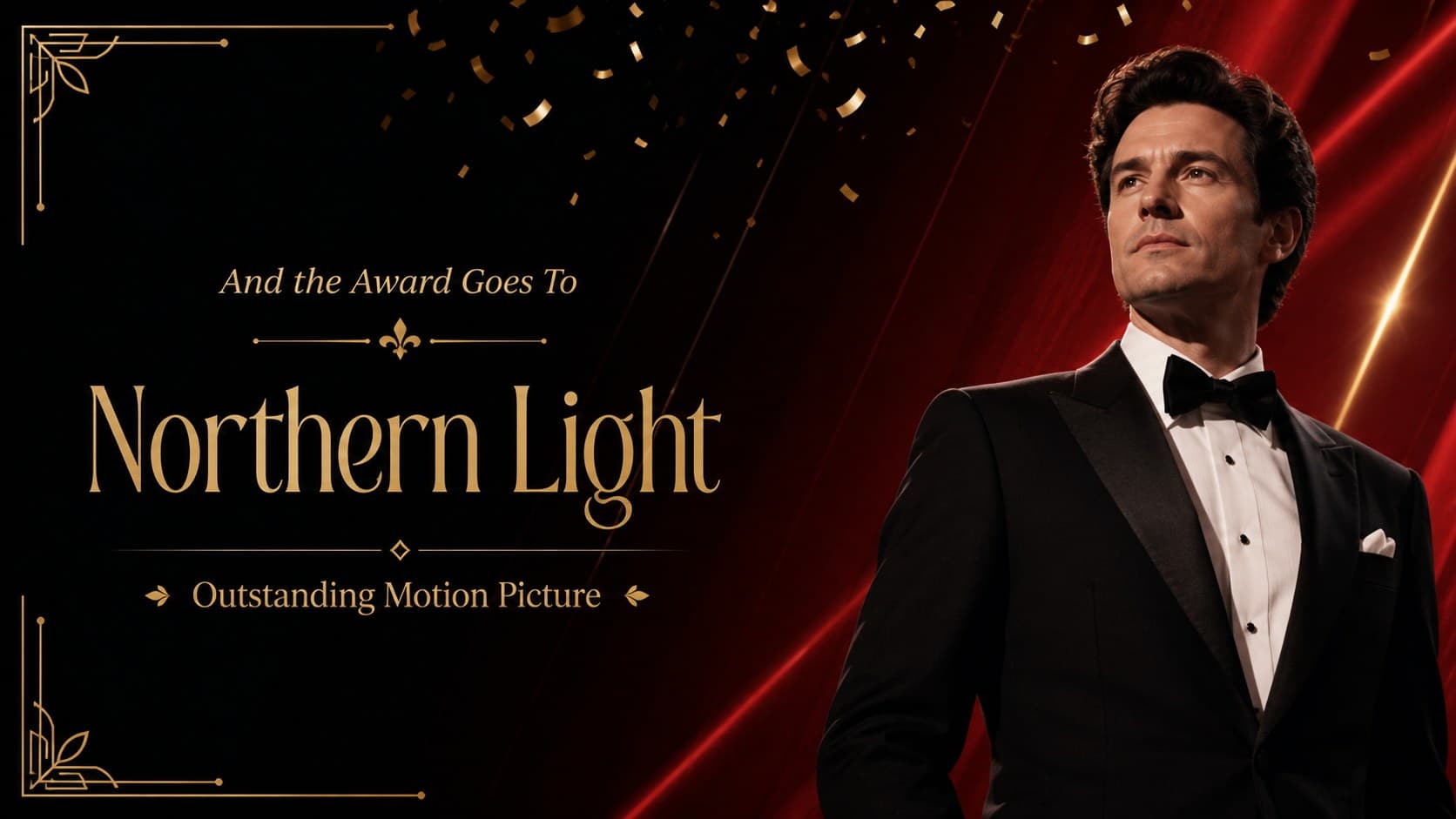 Cinematic winner announcement slide with a bold name, gold frame, and celebratory red accents.