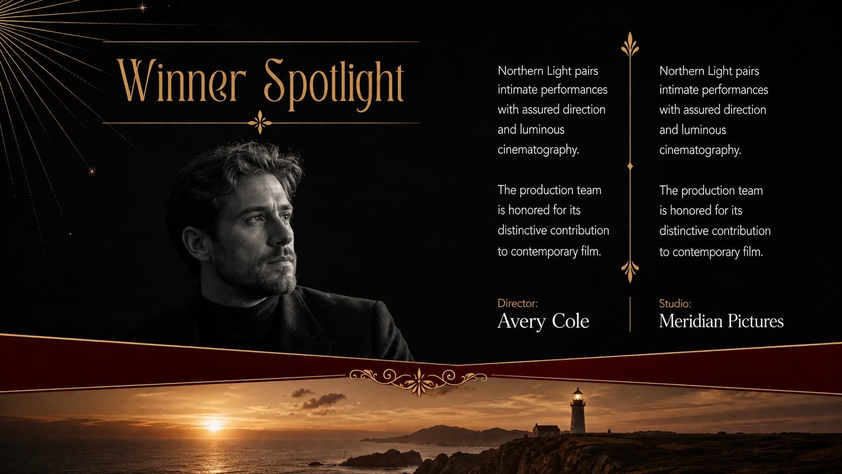 Winner profile from an elegant entertainment gala slide deck with credits and achievement highlights.