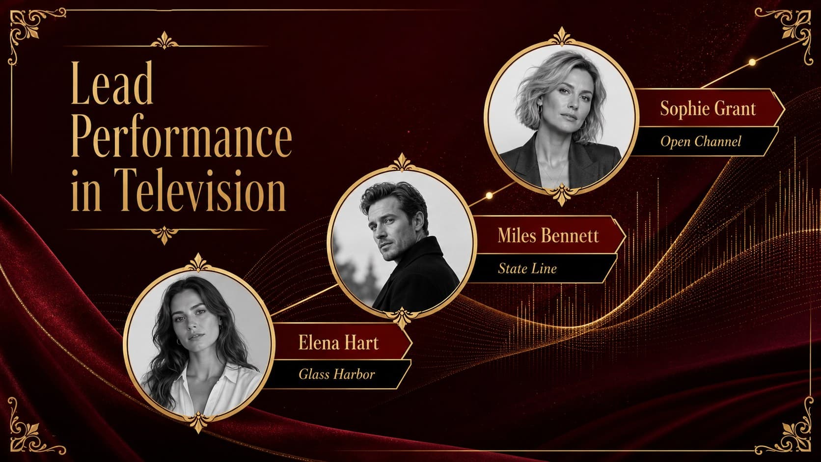 Television performance award slide presenting fictional nominees with portraits and concise credits.