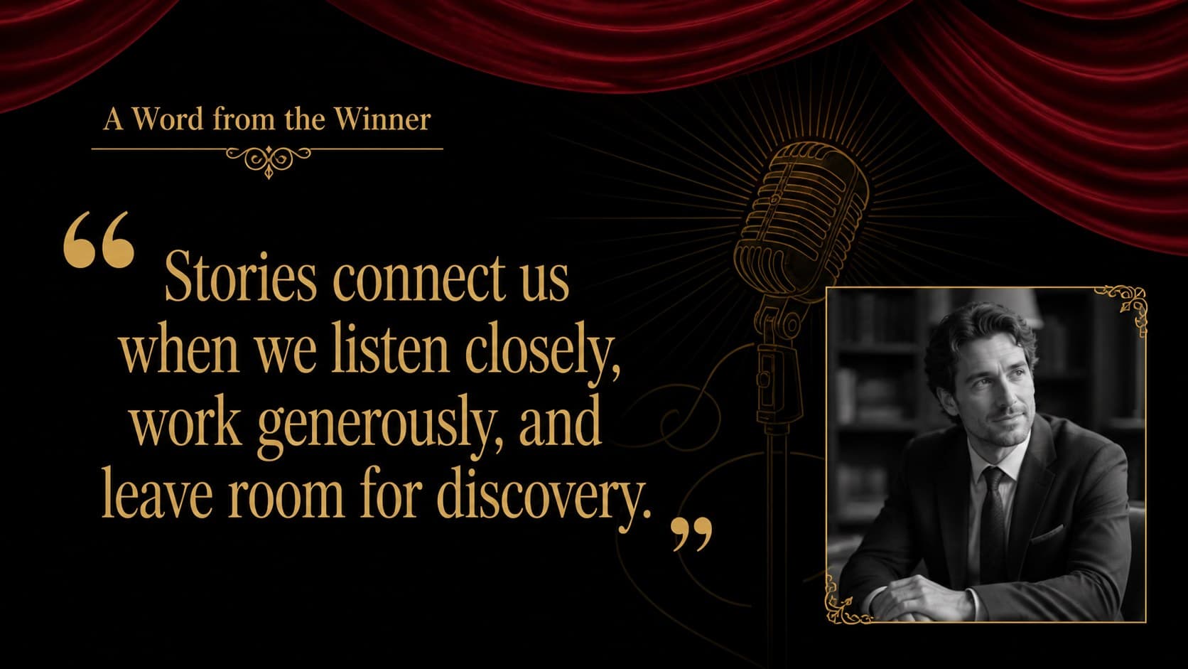 Acceptance speech quote slide in a red and gold award ceremony theme with an original winner portrait.