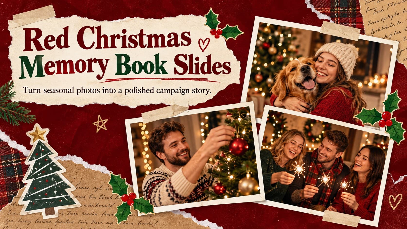 Cover of the Red Christmas Memory Book Slides with layered holiday photographs and rich red scrapbook details.