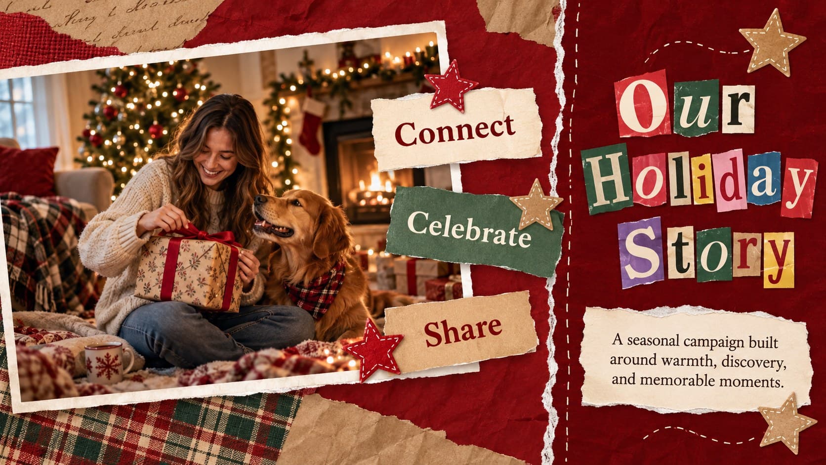 Christmas campaign overview slide featuring a red scrapbook layout with seasonal goals and photo snapshots.