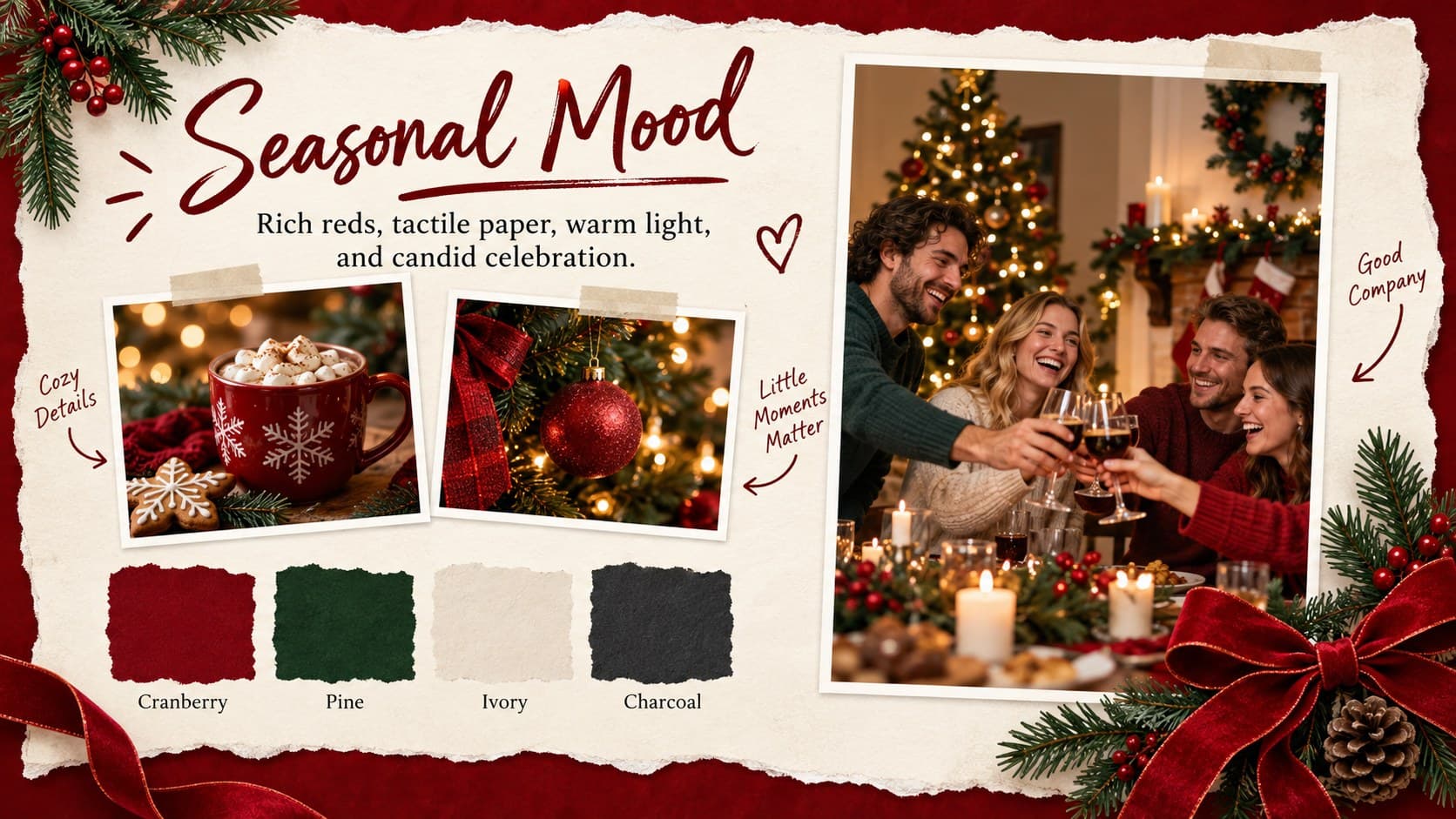 Red Christmas scrapbook presentation mood board with festive textures, colors, and original lifestyle photography.