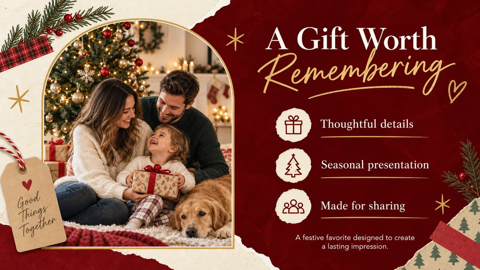 Holiday product spotlight slide with a large seasonal photograph and three concise feature notes.