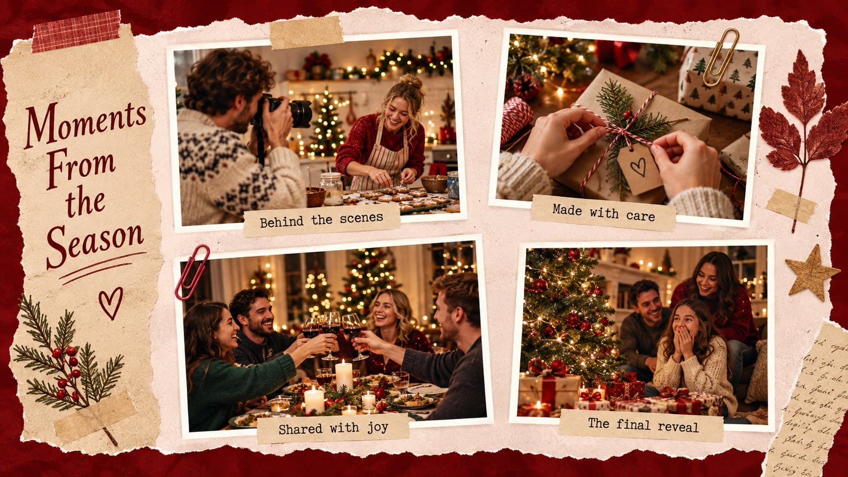 Vintage holiday memory book slide presenting four candid Christmas photographs in an editorial gallery.