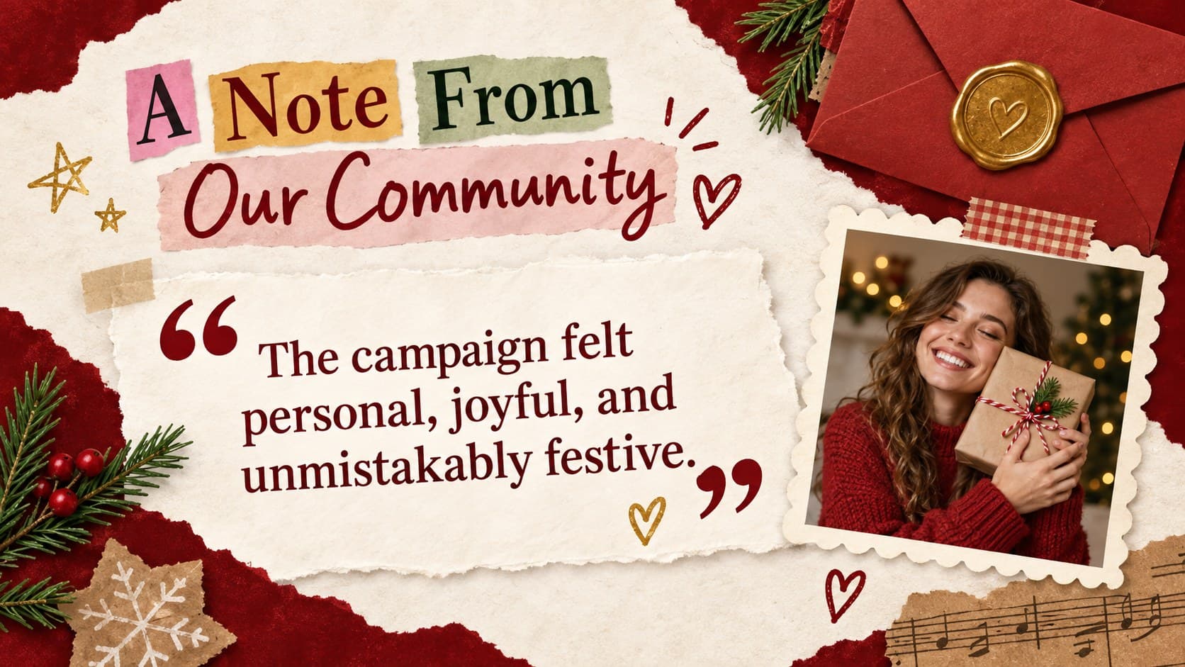 Seasonal customer quote slide with a portrait, testimonial, and layered red scrapbook accents.