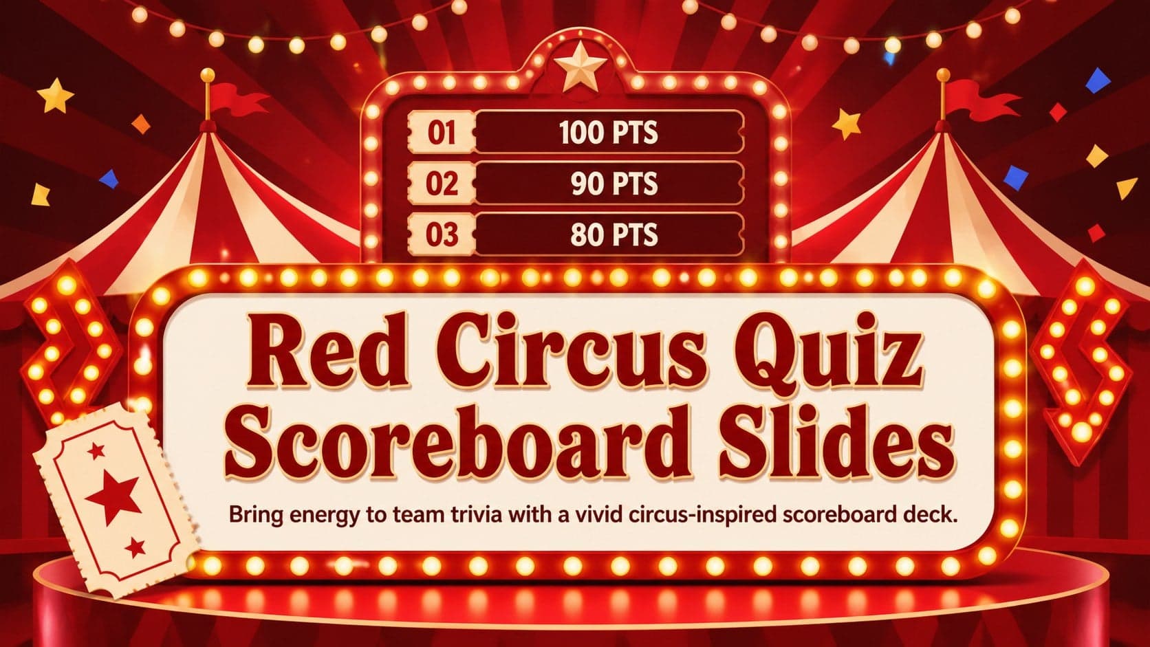 Cover for Red Circus Quiz Scoreboard Slides with theatrical lights, a bold title, and a central game board.