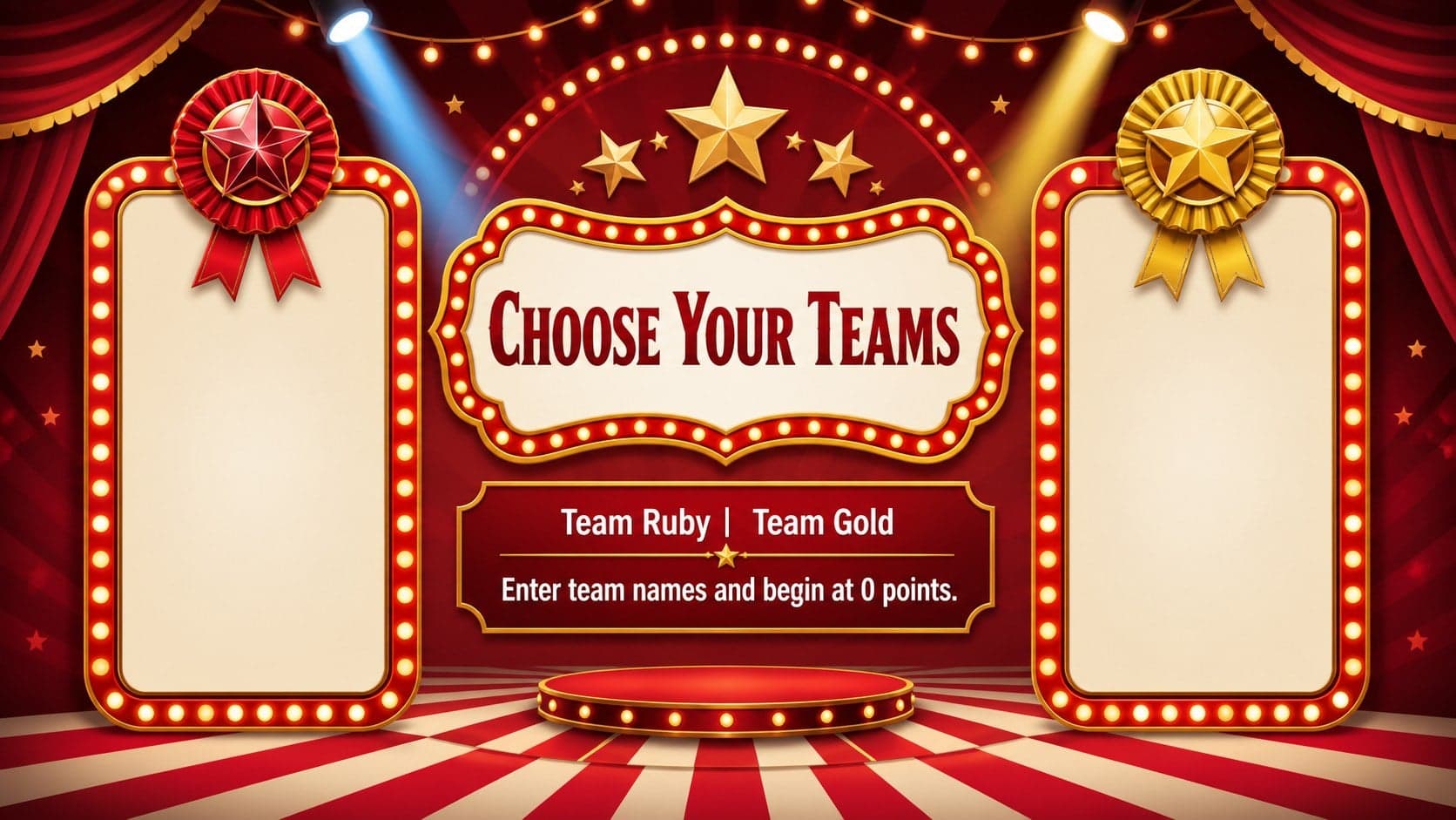 Red circus team trivia setup slide showing editable team names and starting score panels.