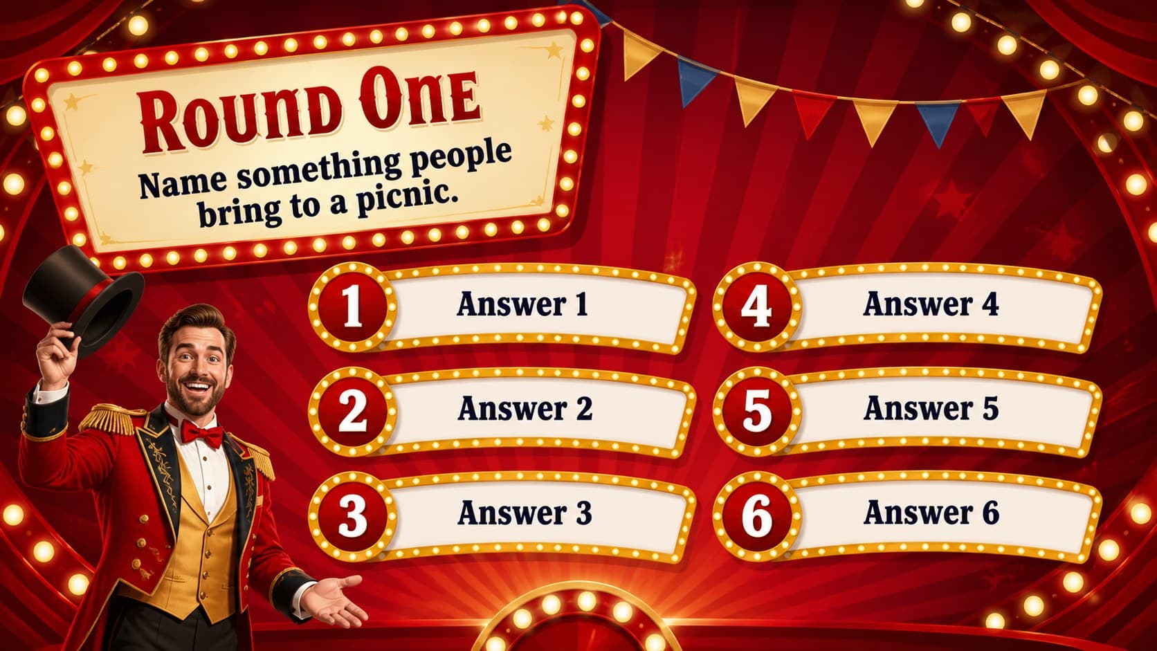 Circus-themed classroom quiz slide presenting a sample question with six numbered answer spaces.