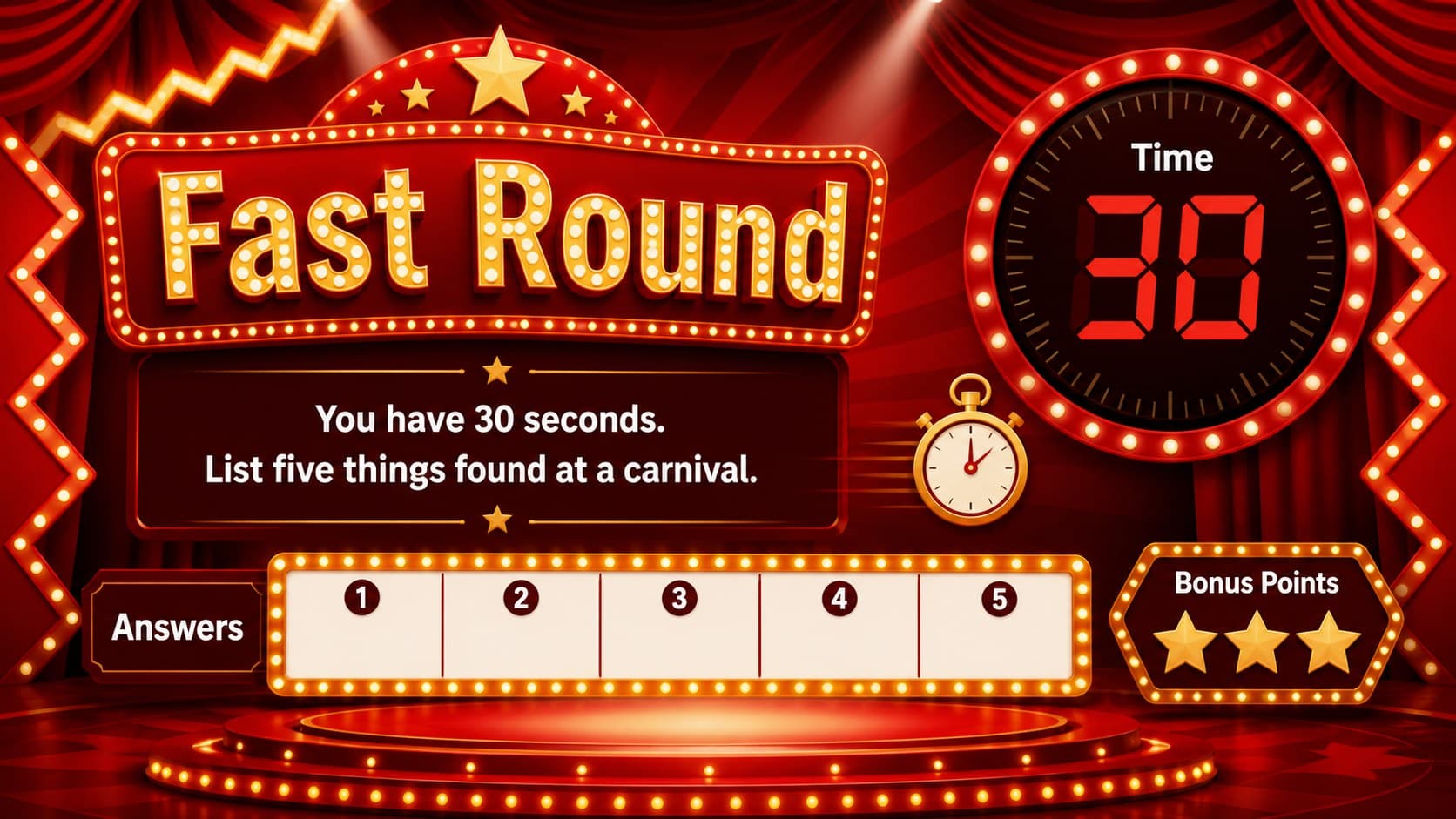 Timed team trivia answer board in Google Slides style with a countdown, prompt, and score boxes.