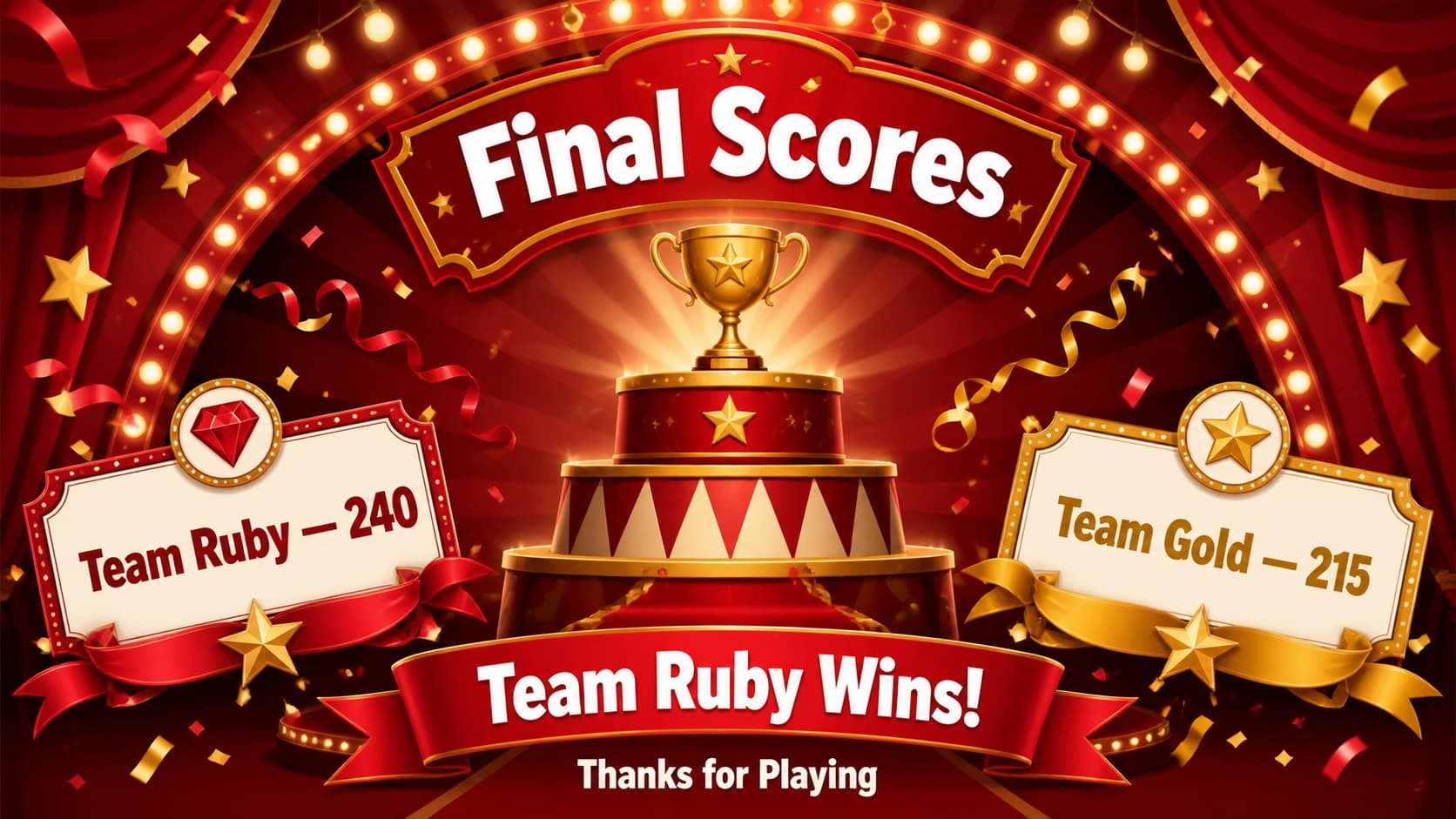 Final red game night scoreboard slide announcing the winning trivia team with editable totals.