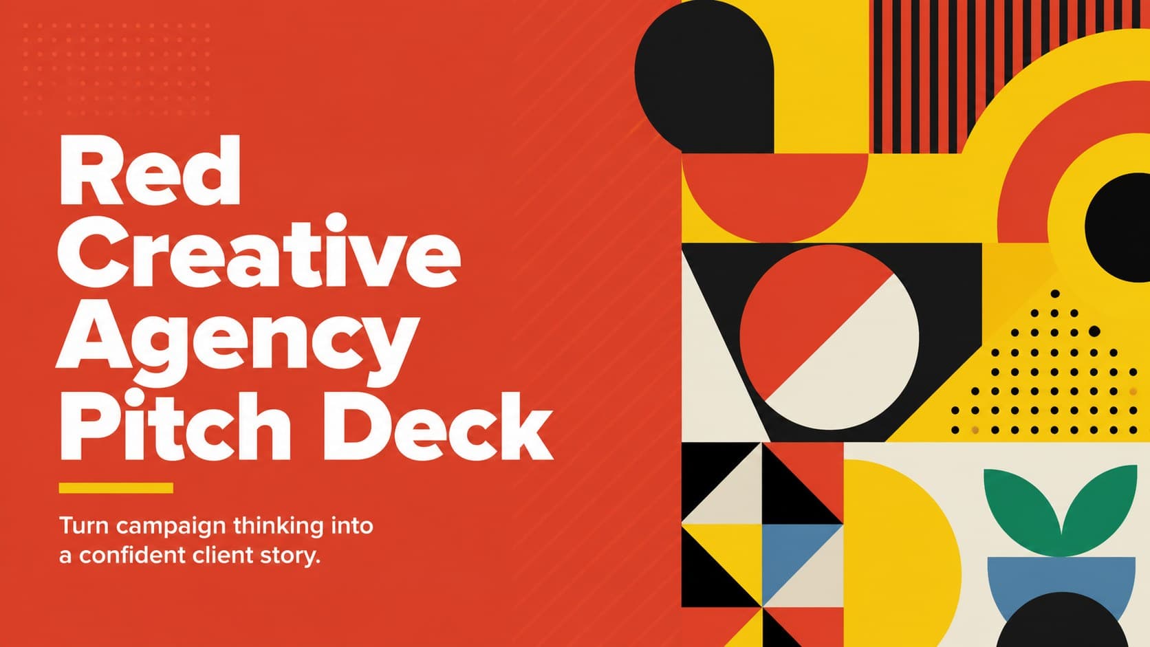 Cover of a red creative agency pitch deck with bold typography and energetic yellow and black graphics.