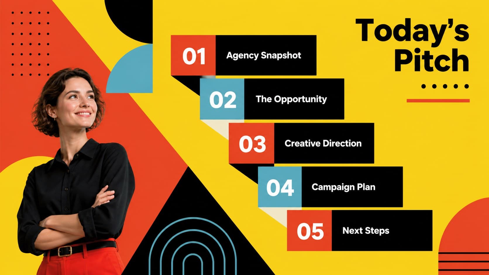 Agenda layout from a red agency presentation template outlining a focused client pitch sequence.