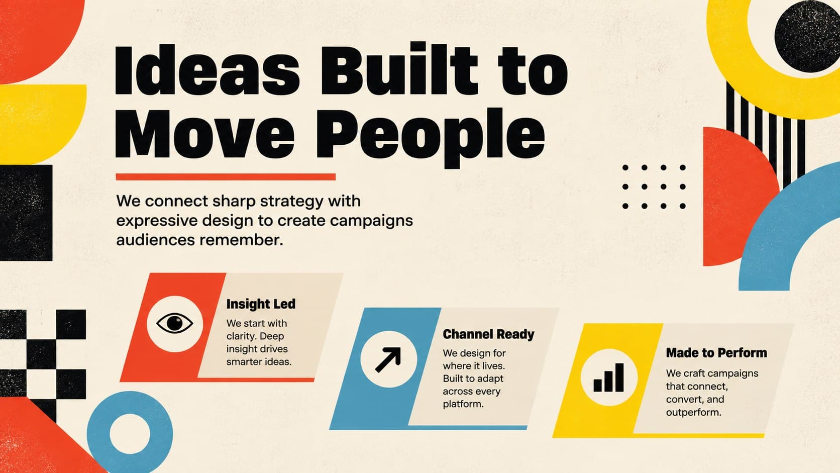 Creative agency company profile slide presenting a concise mission and three core strengths.