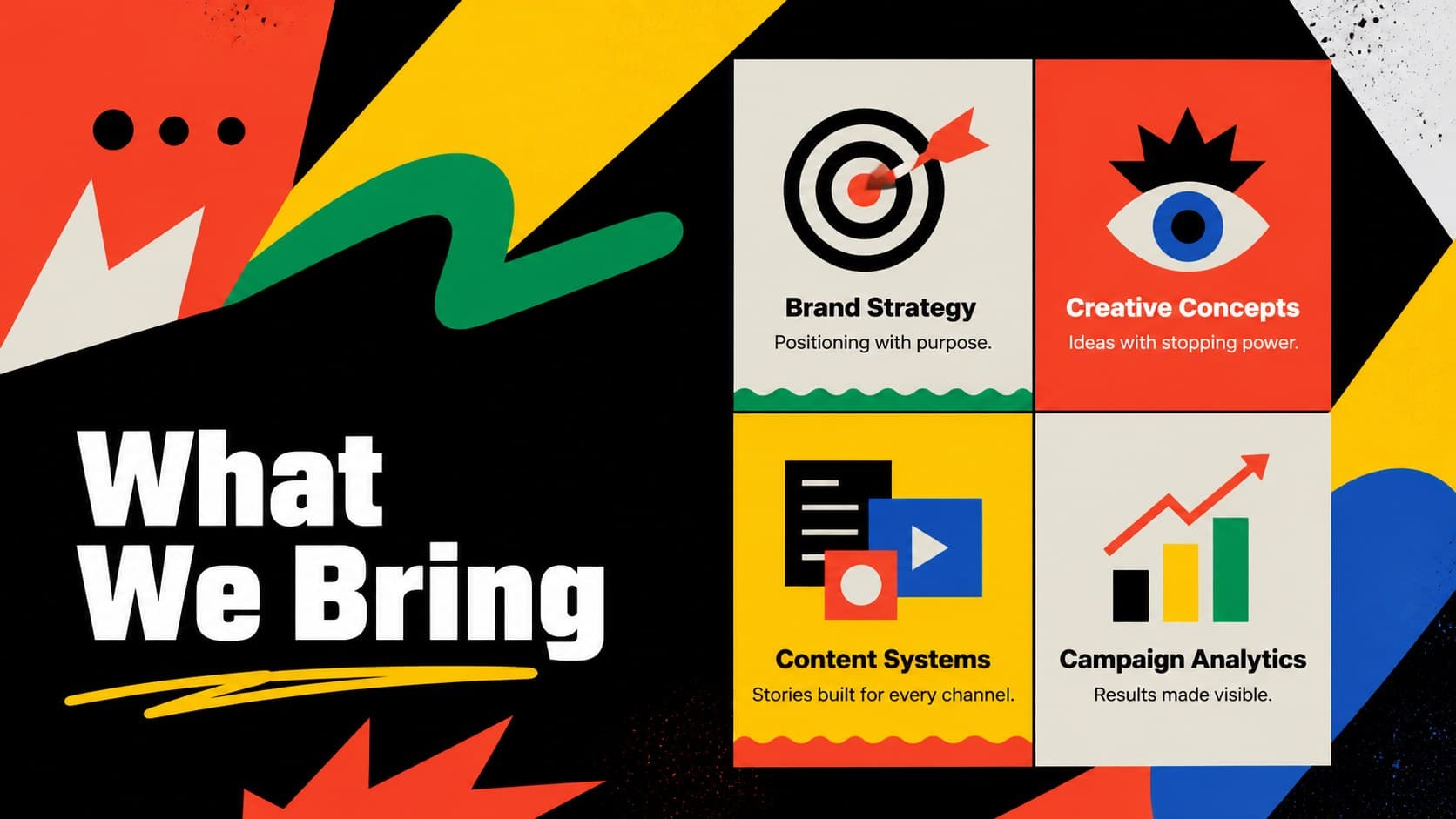 Agency services pitch template showing strategy, creative, content, and campaign analytics capabilities.