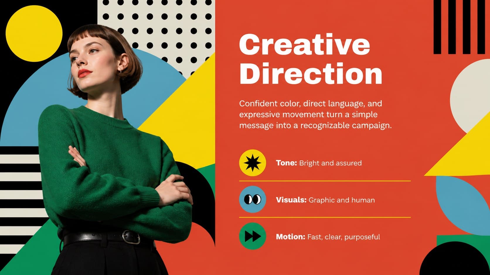 Creative direction slide combining a vivid campaign image area with tone and visual style notes.
