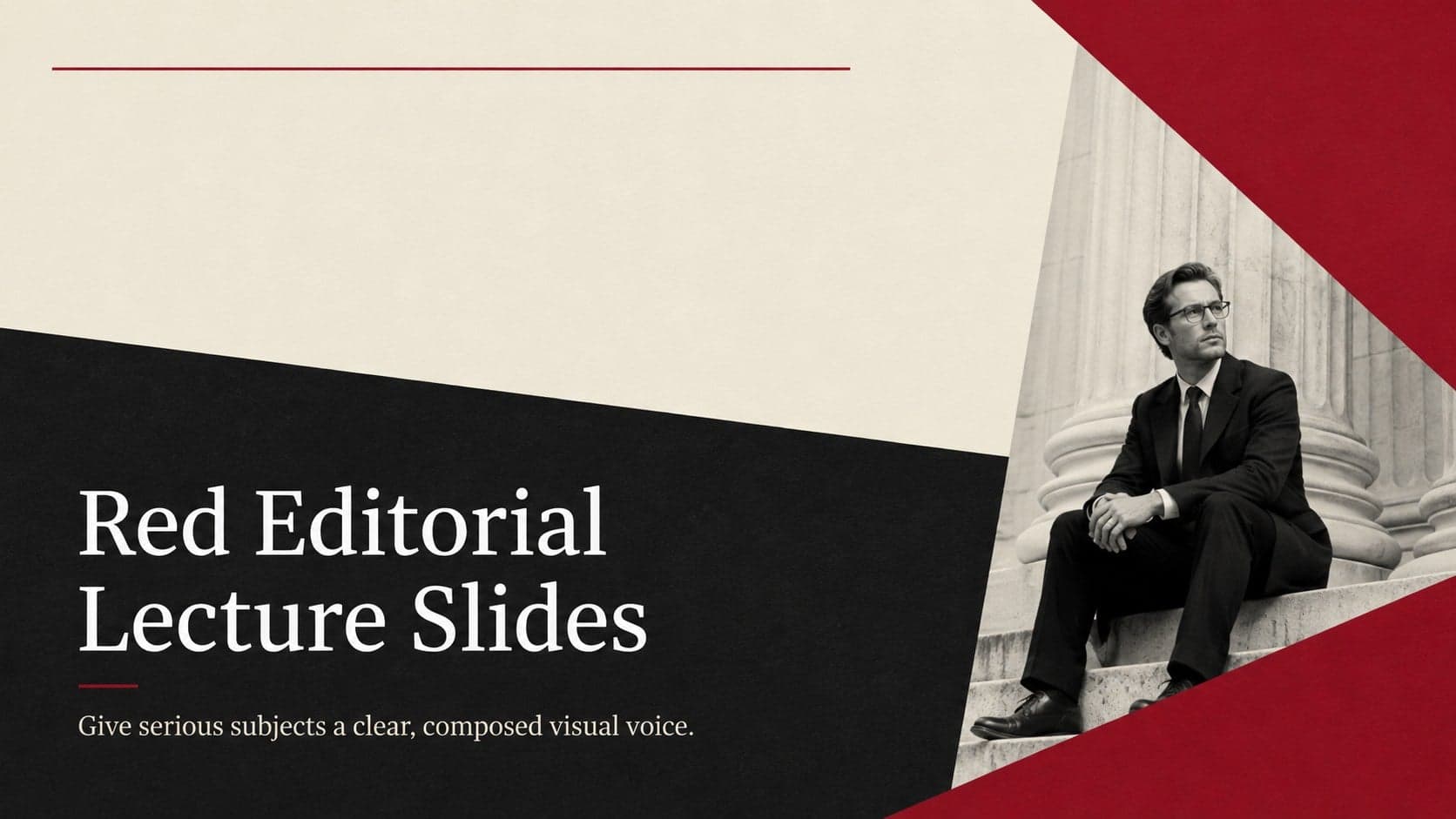 Cover for Red Editorial Lecture Slides with refined red accents and formal editorial typography.
