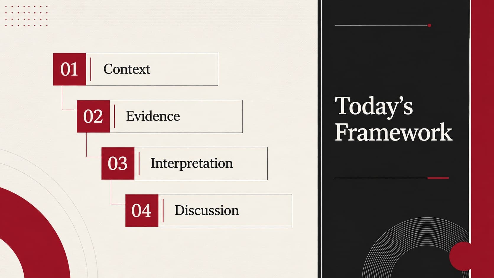 Editorial agenda layout for a formal red academic presentation.