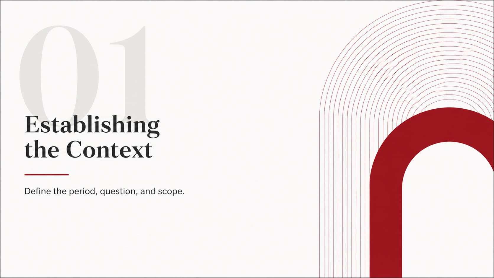 Section divider for an academic humanities presentation template using red editorial graphics.