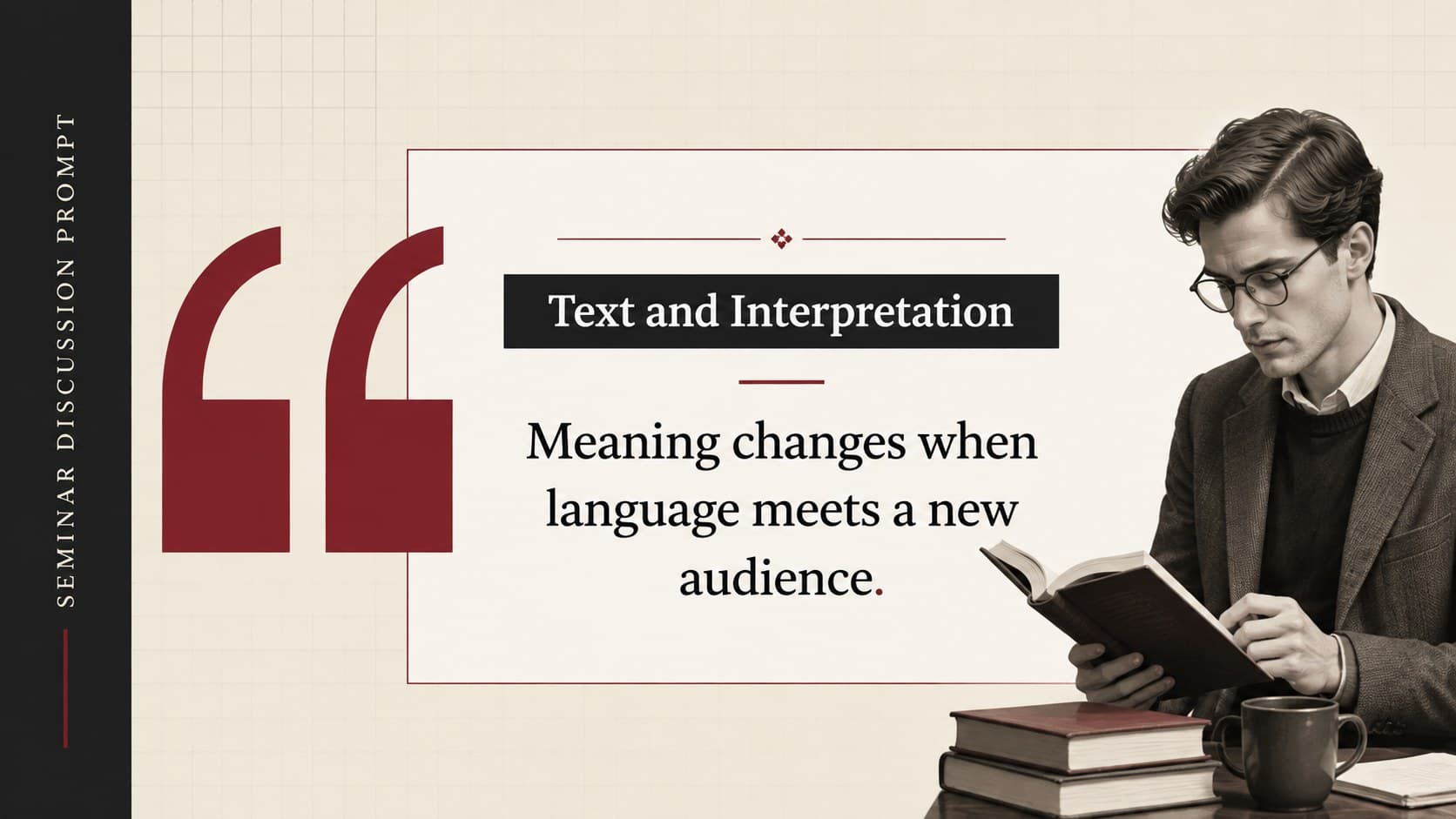 Literature seminar PowerPoint theme slide featuring a scholarly quotation and analysis.