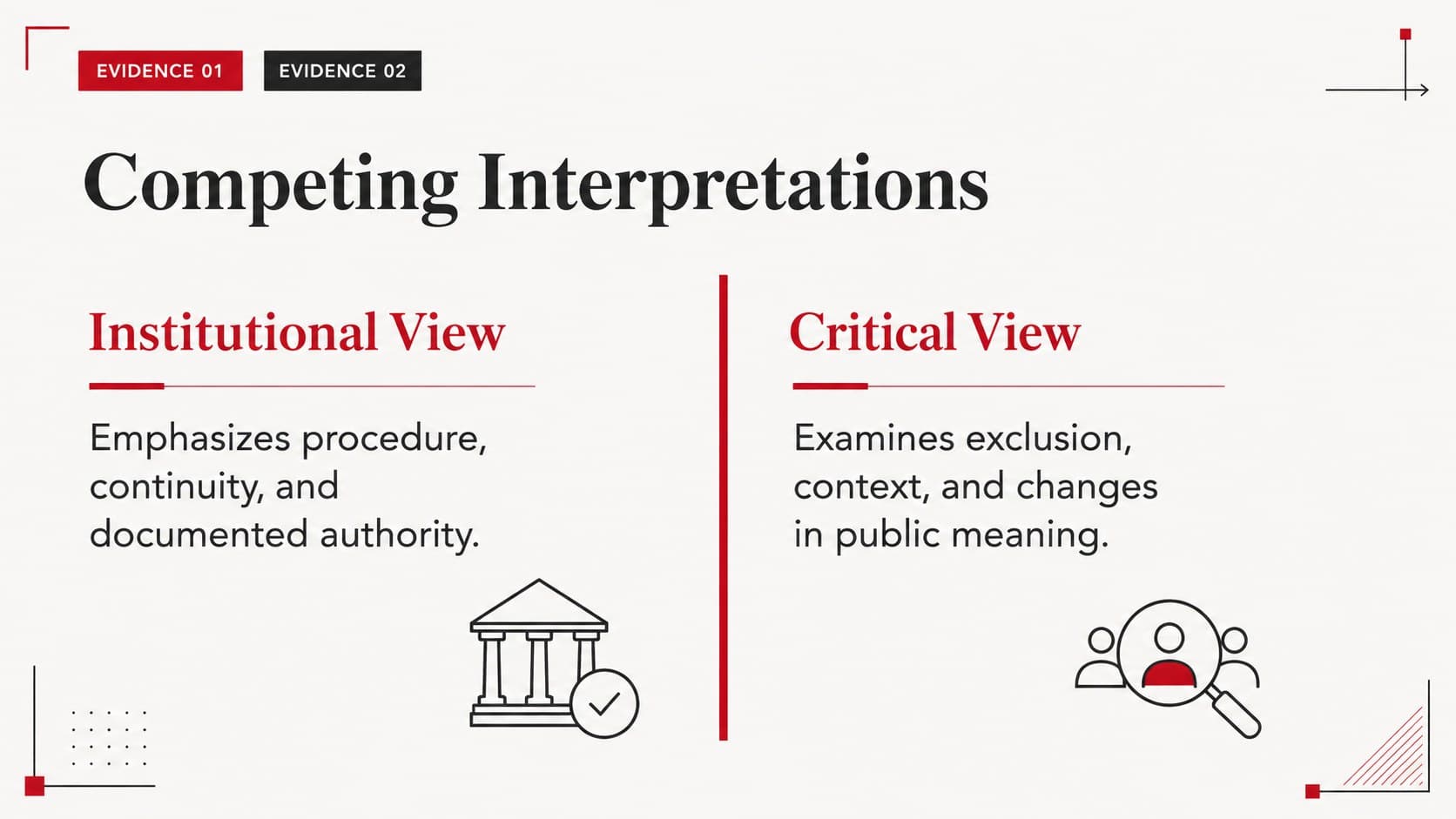 Professional legal presentation slide comparing two interpretations in parallel columns.