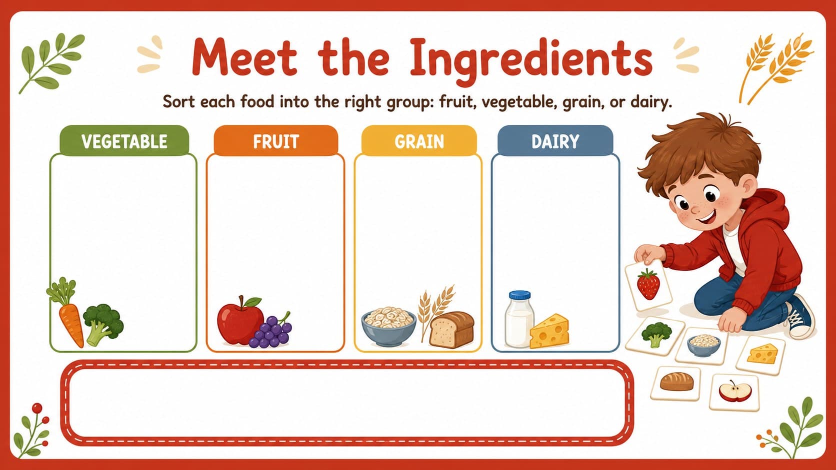 Ingredient sorting page from a red cooking lesson presentation with illustrated food labels and activity prompts.