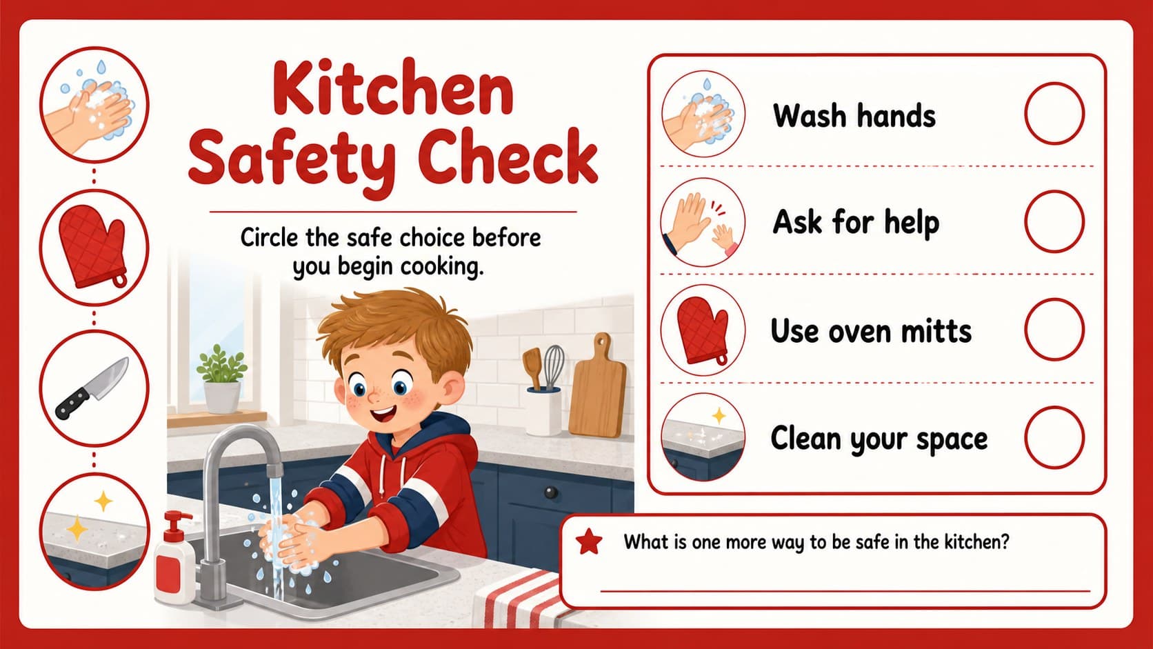 Beginner kitchen safety lesson deck slide with red warning icons and editable safety checklist.
