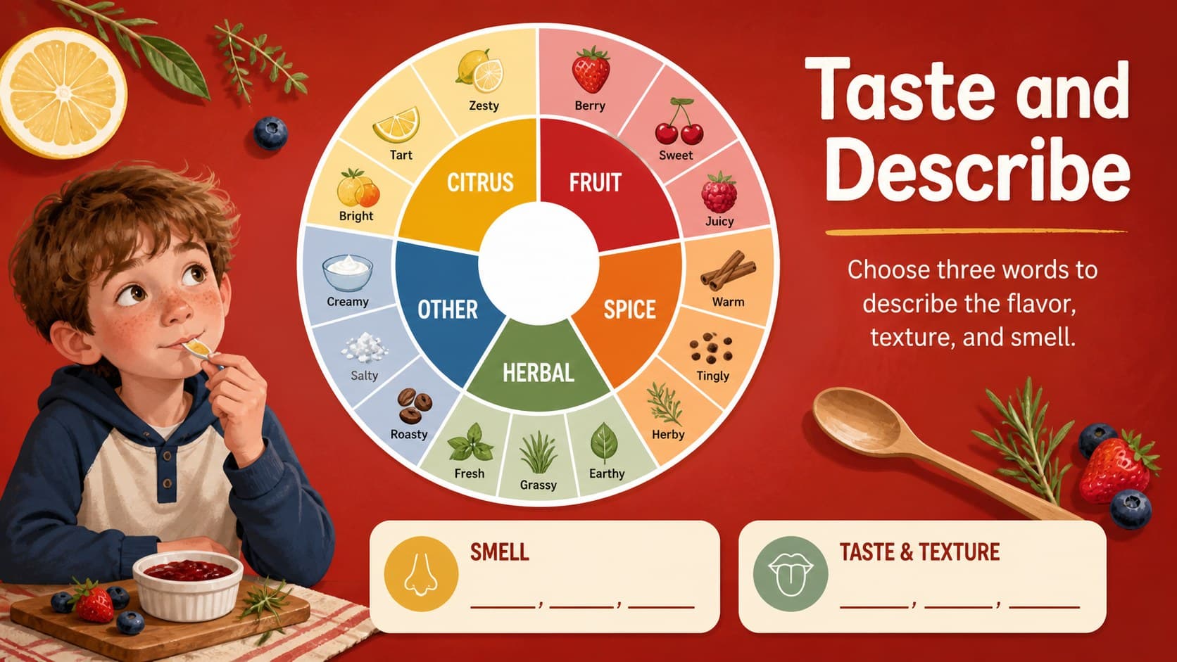 Interactive cooking class slide with a red flavor wheel, food illustrations, and space for student responses.