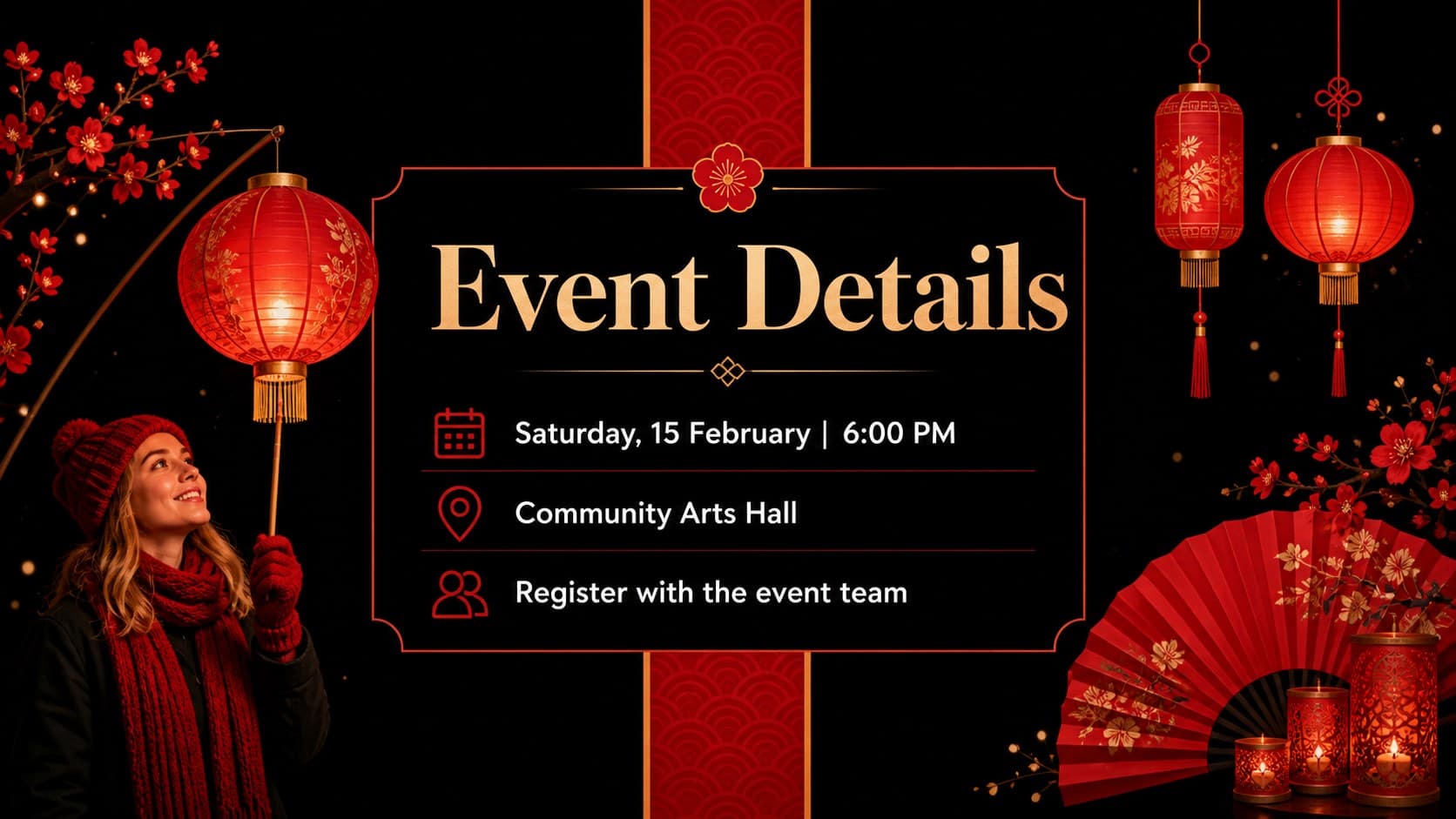 Lantern Festival event announcement slide showing editable date, venue, and registration details in a red and black layout.