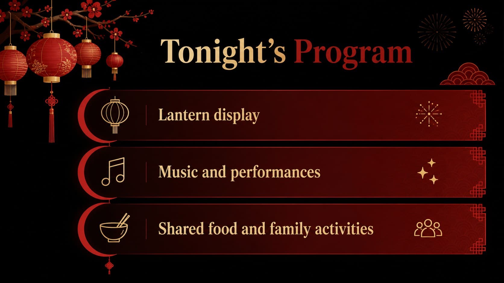 Chinese lantern celebration presentation slide outlining performances, food, and family activities with red accent graphics.