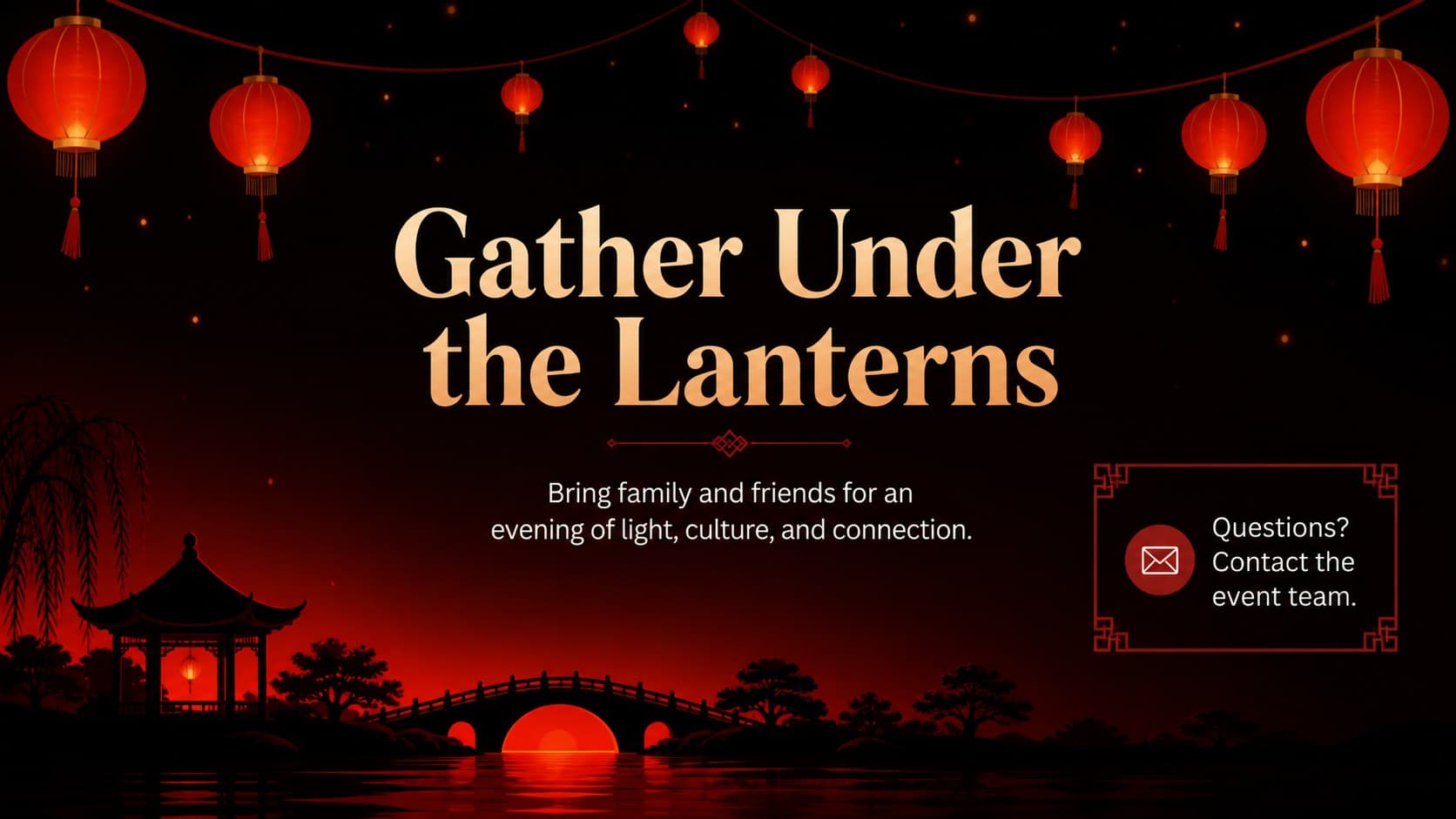 Community festival invitation slide with a warm closing message, contact information, and stylized red lantern decorations.
